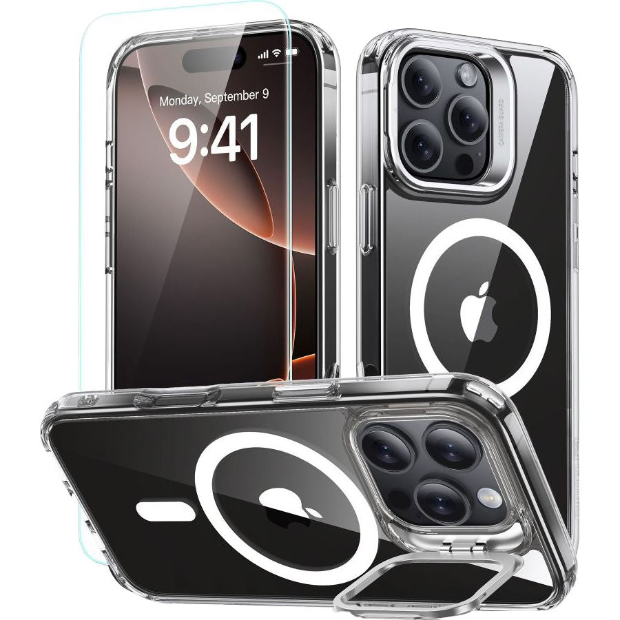 Handyhülle + Gehärtetes Glas für Bildschirm für iPhone 16 Pro Max mit MagSafe, ESR Classic Hybrid Kickstand HaloLock, Transparent
