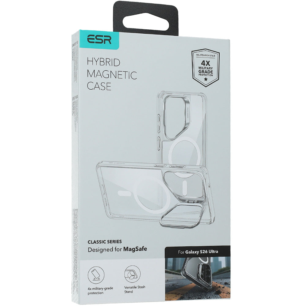 Handyhülle für Galaxy S26 Ultra, ESR Classic Hybrid Kickstand mit MagSafe, Transparent und Silbern
