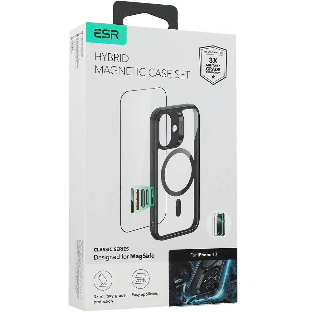 Set Handyhülle, Glas für iPhone 17, ESR Classic Hybrid mit MagSafe & Tempered Glass, Schwarz und Transparent