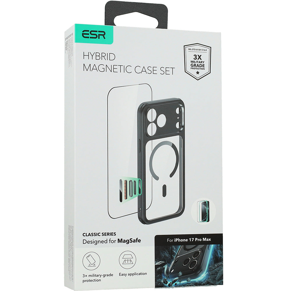 Set Handyhülle, Glas für iPhone 17 Pro Max, ESR Classic Hybrid mit MagSafe & Tempered Glass, Schwarz und Transparent