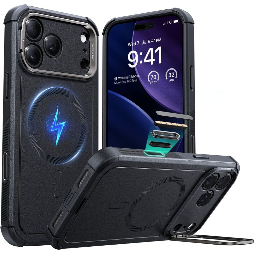Handyhülle für iPhone 17 Pro, ESR Cyber Tough Case Kickstand mit MagSafe, Schwarz