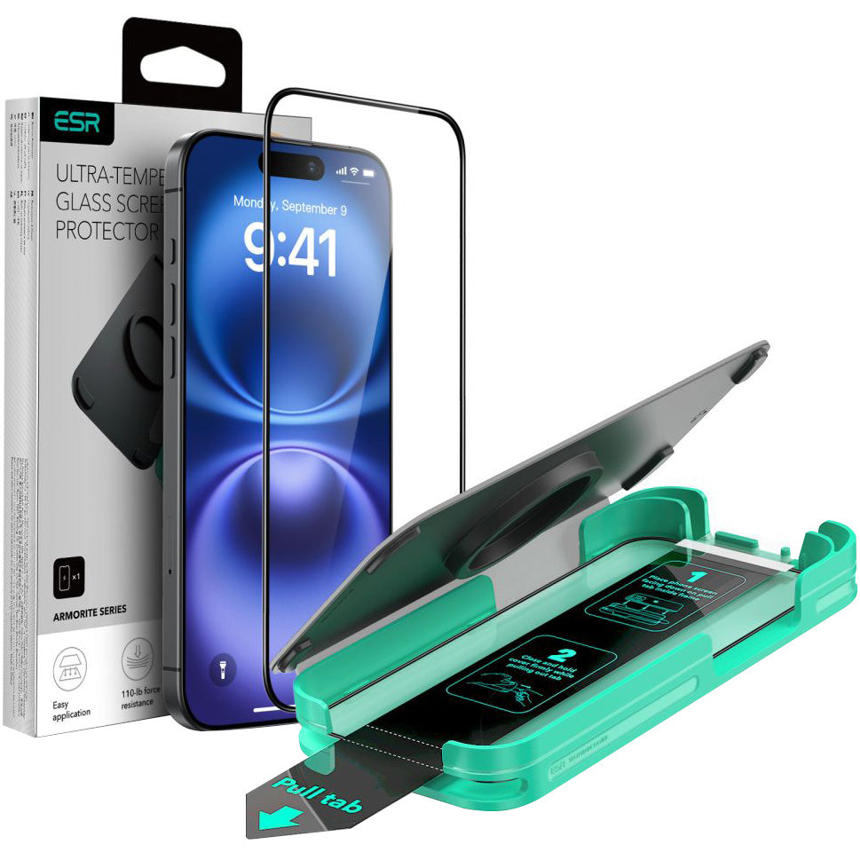 Gehärtetes Bildschirmglas mit Applikator für iPhone 16, ESR Armorite, Schwarzen Rahmen