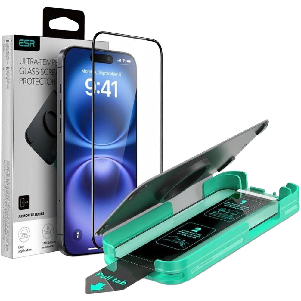 Gehärtetes Bildschirmglas mit Applikator für iPhone 16 Pro Max, ESR Armorite, Schwarz-Transparent