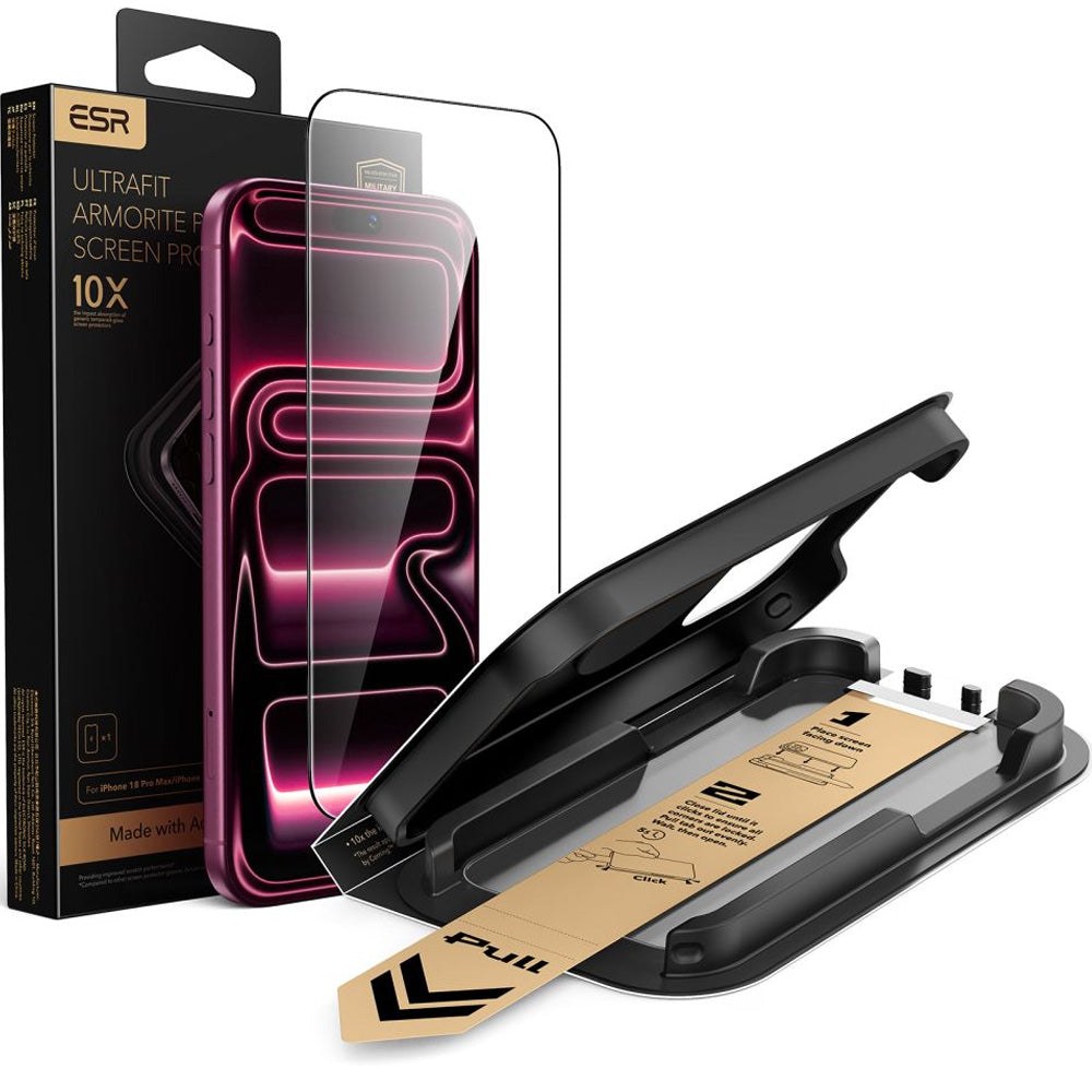 Gehärtetes Glas mit Positionierungsrahmen für iPhone 18 Pro / 17 Pro, ESR Ultrafit Armorite Pro Tempered Glass (1/7)