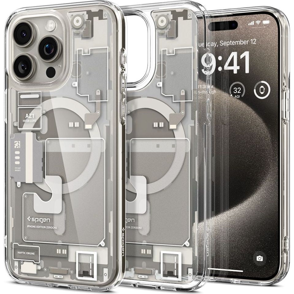 Schutzhülle für Apple iPhone 15 Pro Max, Spigen Ultra Hybrid Mag mit MagSafe, Beige-Transparent (Zero One)