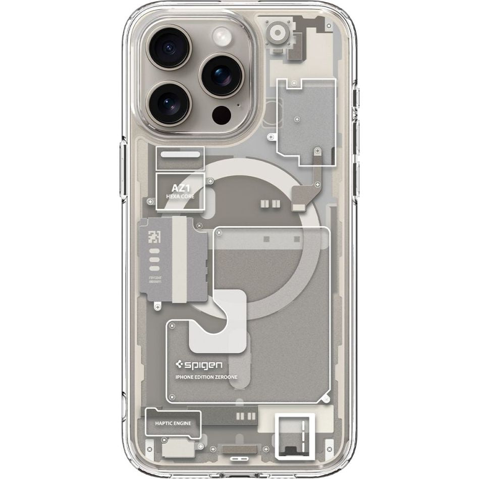 Schutzhülle für Apple iPhone 15 Pro Max, Spigen Ultra Hybrid Mag mit MagSafe, Beige-Transparent (Zero One)