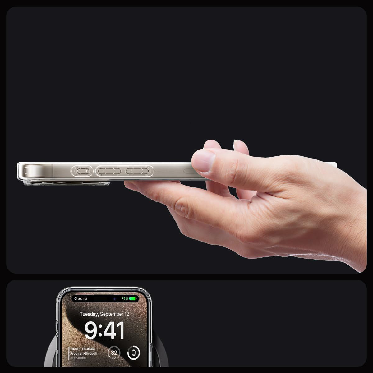 Schutzhülle für Apple iPhone 15 Pro Max, Spigen Ultra Hybrid Mag mit MagSafe, Beige-Transparent (Zero One)