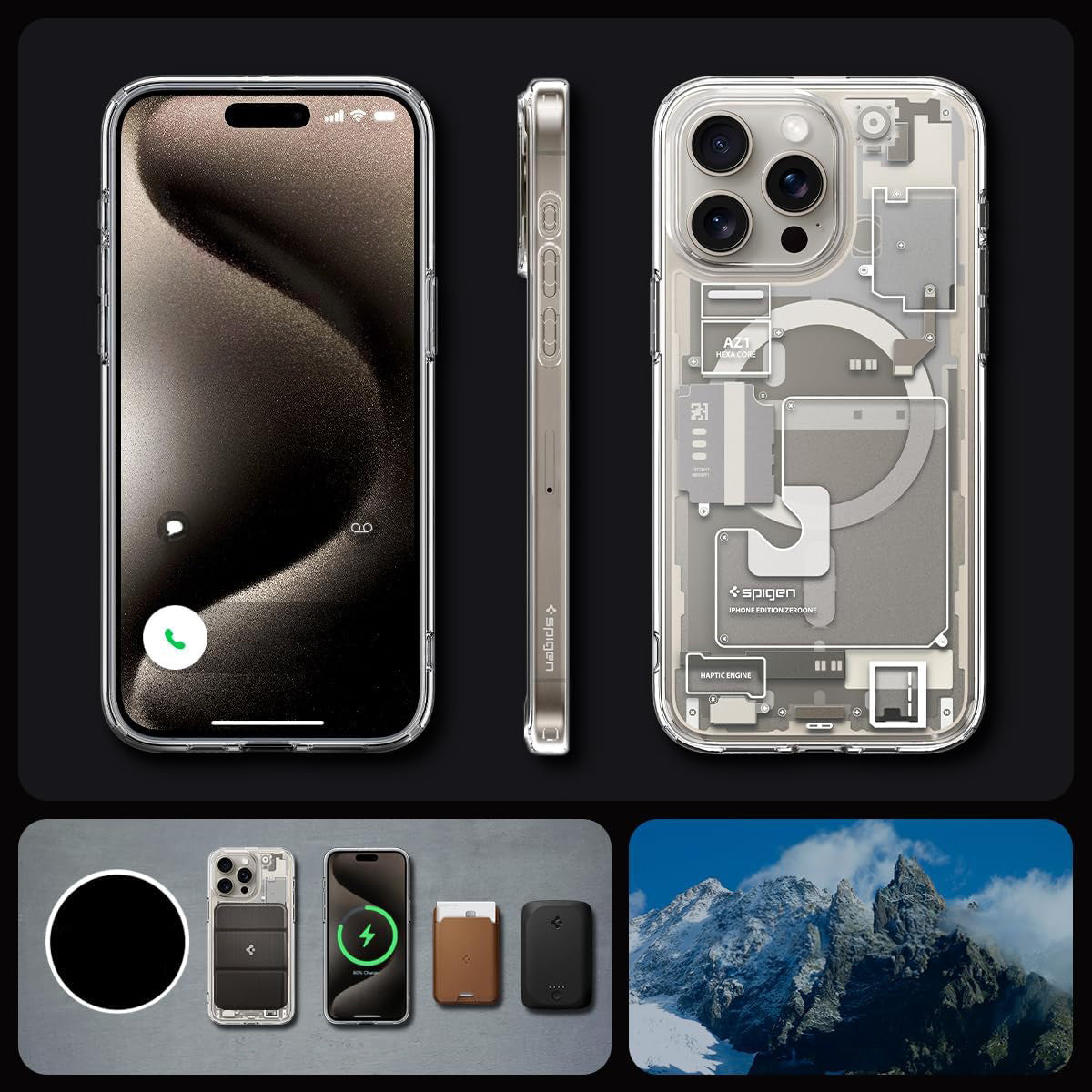 Schutzhülle für Apple iPhone 15 Pro Max, Spigen Ultra Hybrid Mag mit MagSafe, Beige-Transparent (Zero One)