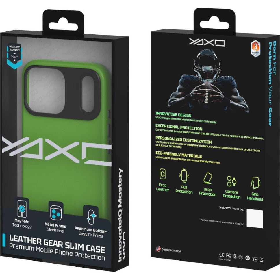 Handyhülle für iPhone 17 Pro Max, YAXO Leather Gear Slim Case MagSafe, Grün