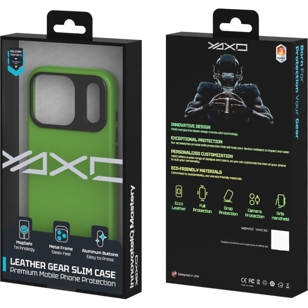 Handyhülle für iPhone 17 Pro, YAXO Leather Gear Slim Case MagSafe, Grün