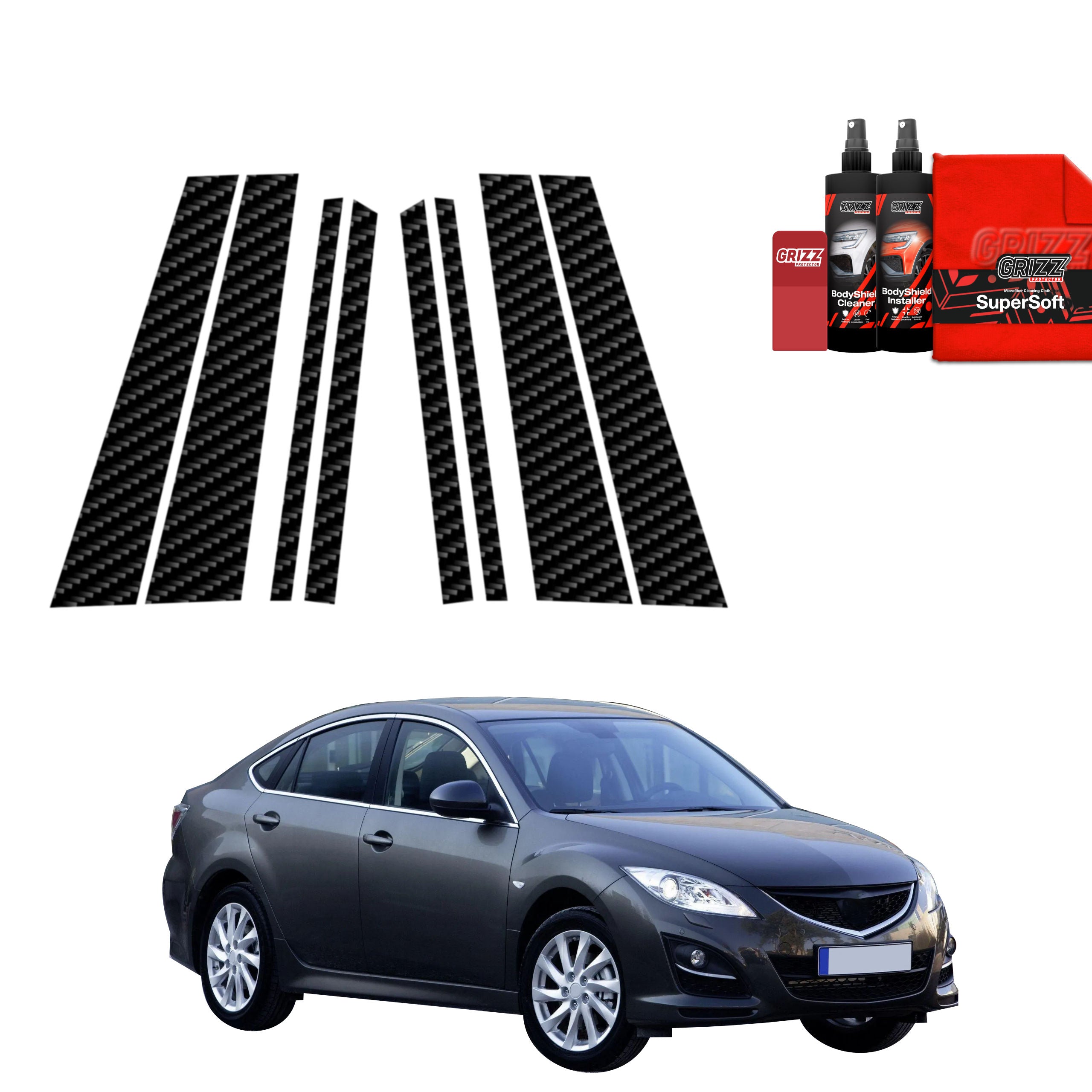 8in1 Kohlenstoff Schutzfolie Grizz Protector für B-C-Säule - Mazda 6 2 Sedan 4D (2010-2013)