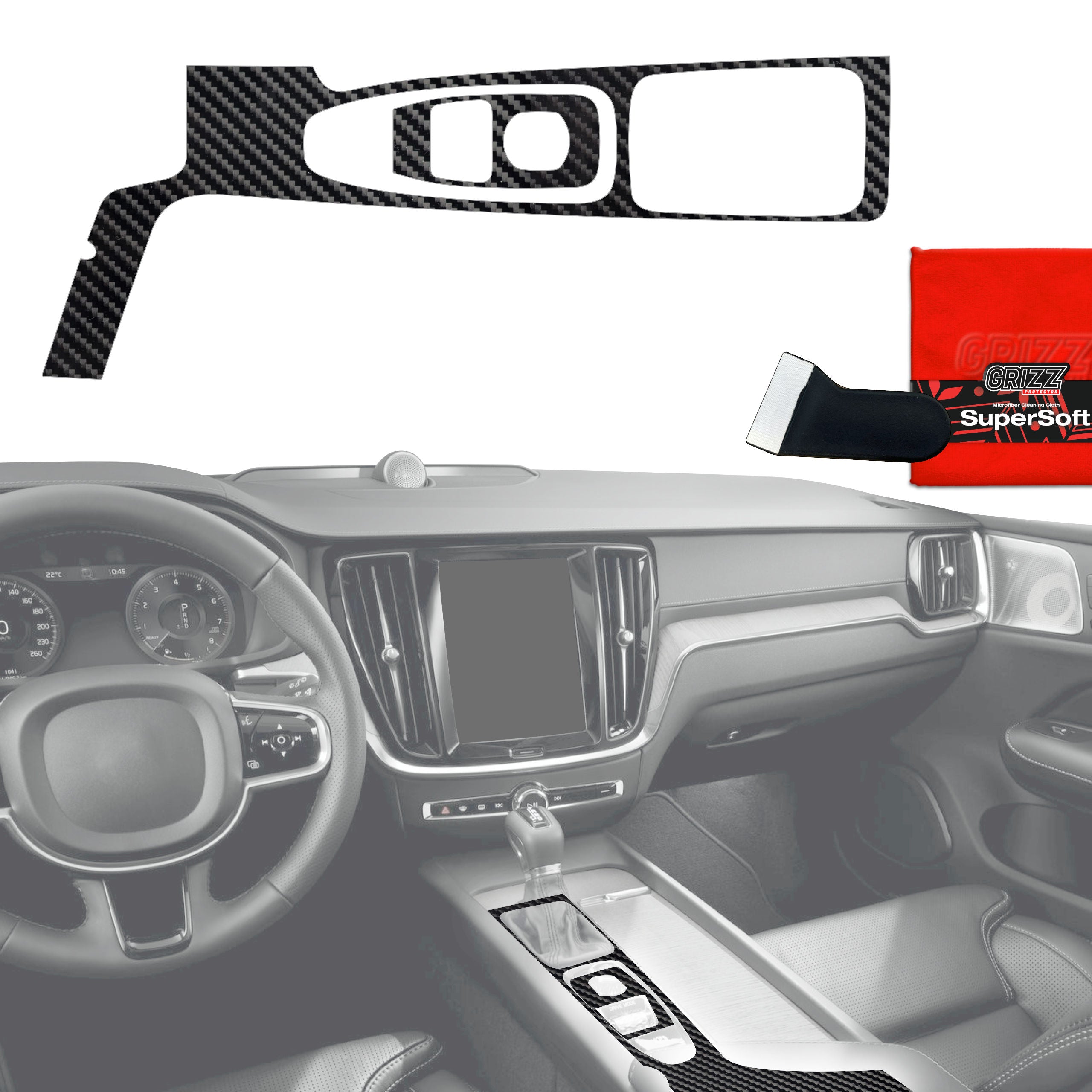 2in1 Schutzfolien Grizz Protector für Mittelkonsole - Volvo XC90 B5 Drive Mode (2019) Carbon Optik Glanz