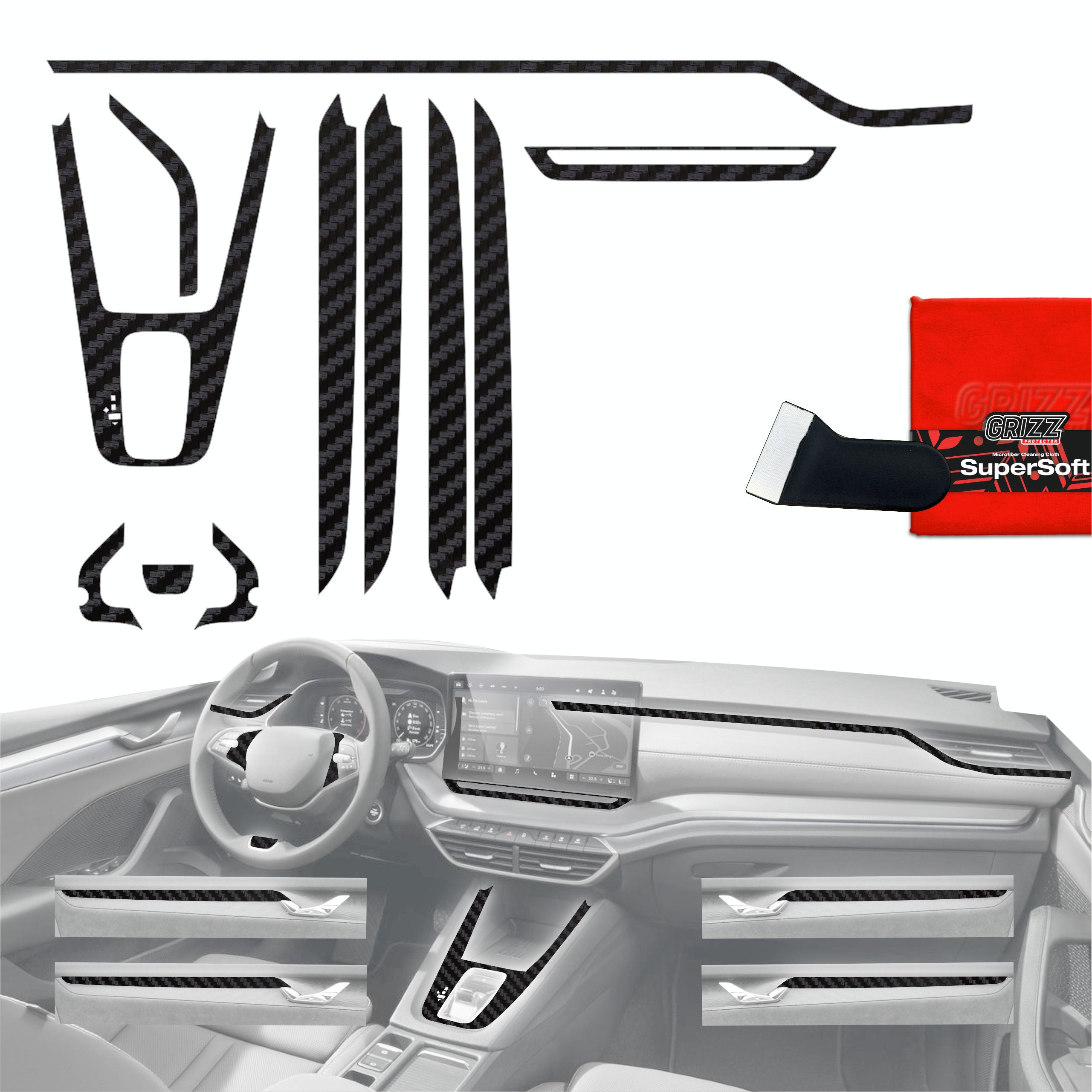 11in1 Schutzfolien Grizz Protector für Mittelkonsole & Armaturenbrett - Skoda Octavia 4 10" Facelift (2024-2026) Carbon Optik Matt Antifingerprint
