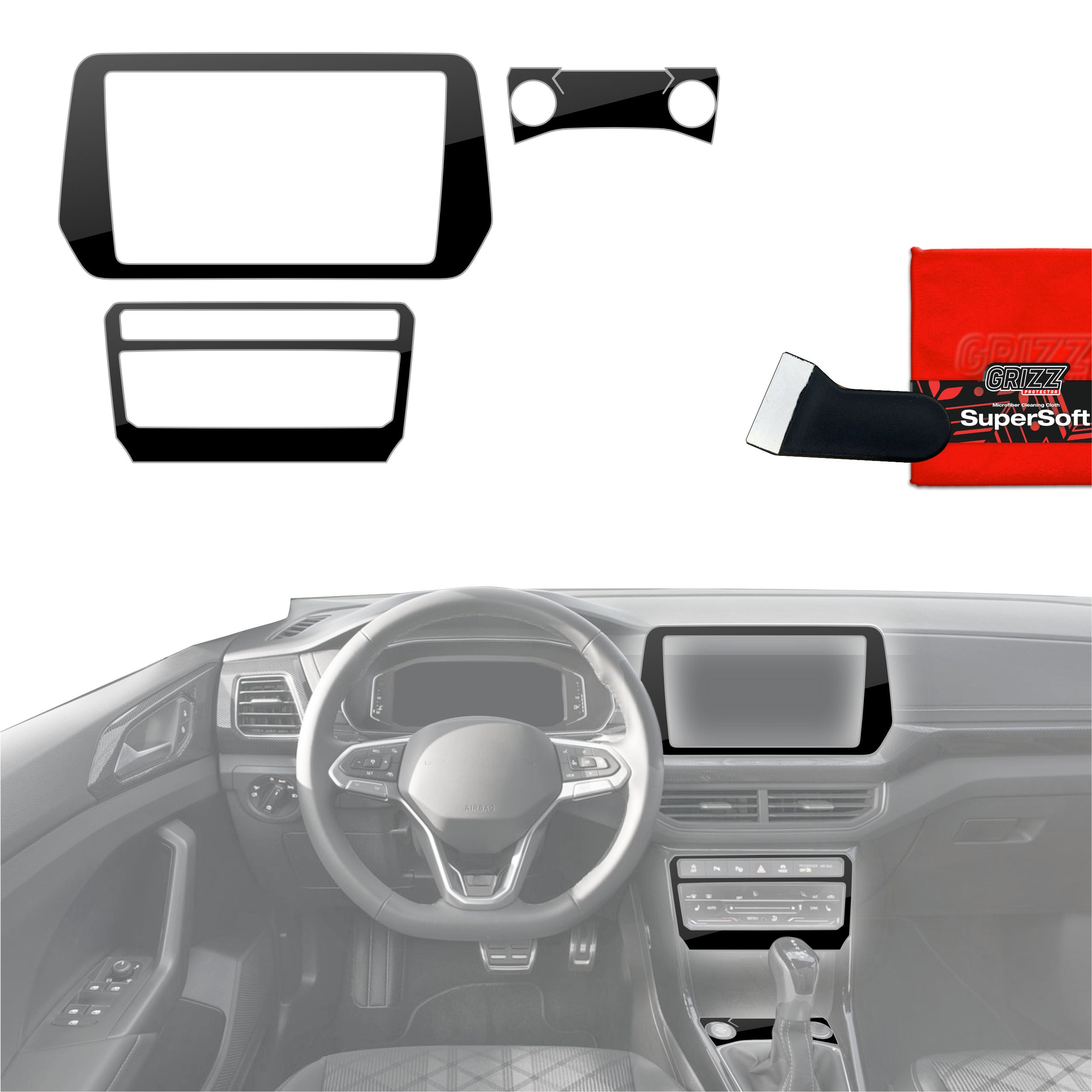 4in1 Schutzfolien Grizz Protector für Mittelkonsole & Armaturenbrett - Volkswagen T-Cross (2025-2026) Schwarz Glanz