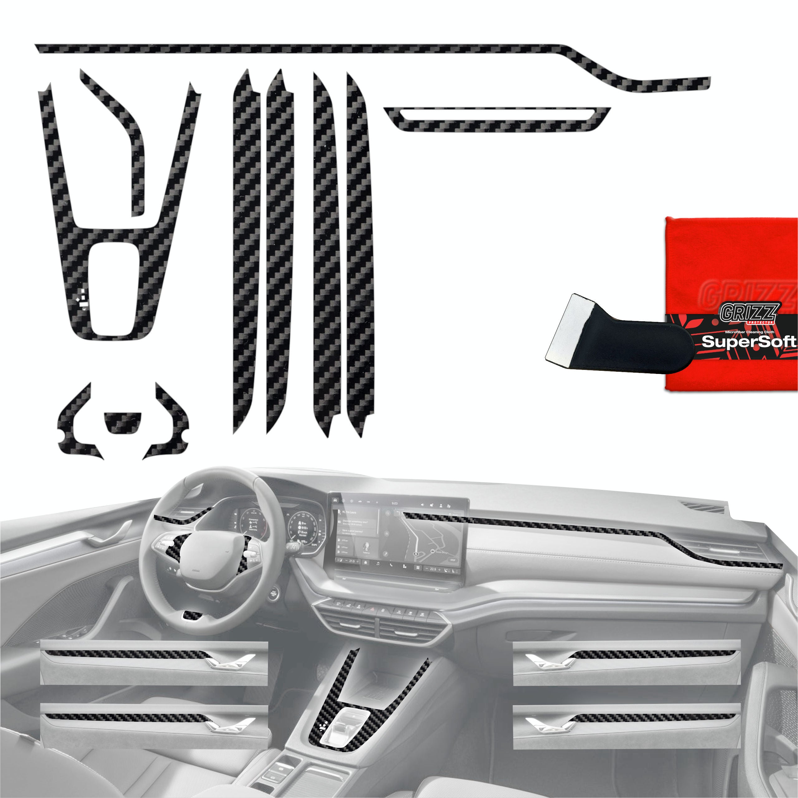11in1 Schutzfolien Grizz Protector für Mittelkonsole & Armaturenbrett - Skoda Octavia 4 10" Facelift (2024-2026) Carbon Optik Glanz
