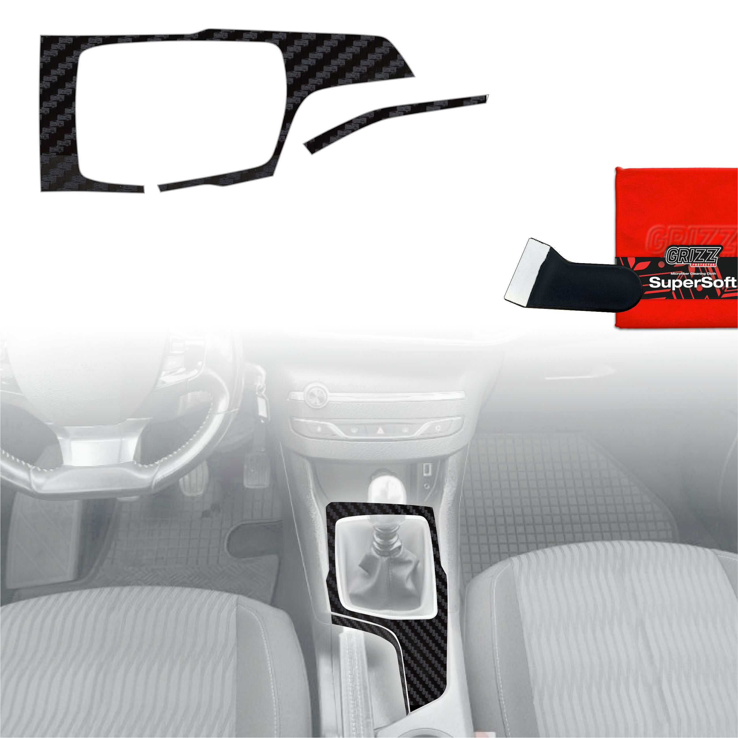 2in1 Schutzfolien Grizz Protector für Mittelkonsole - Peugeot 308 Kombi (2013-2021) Carbon Optik Matt Antifingerprint