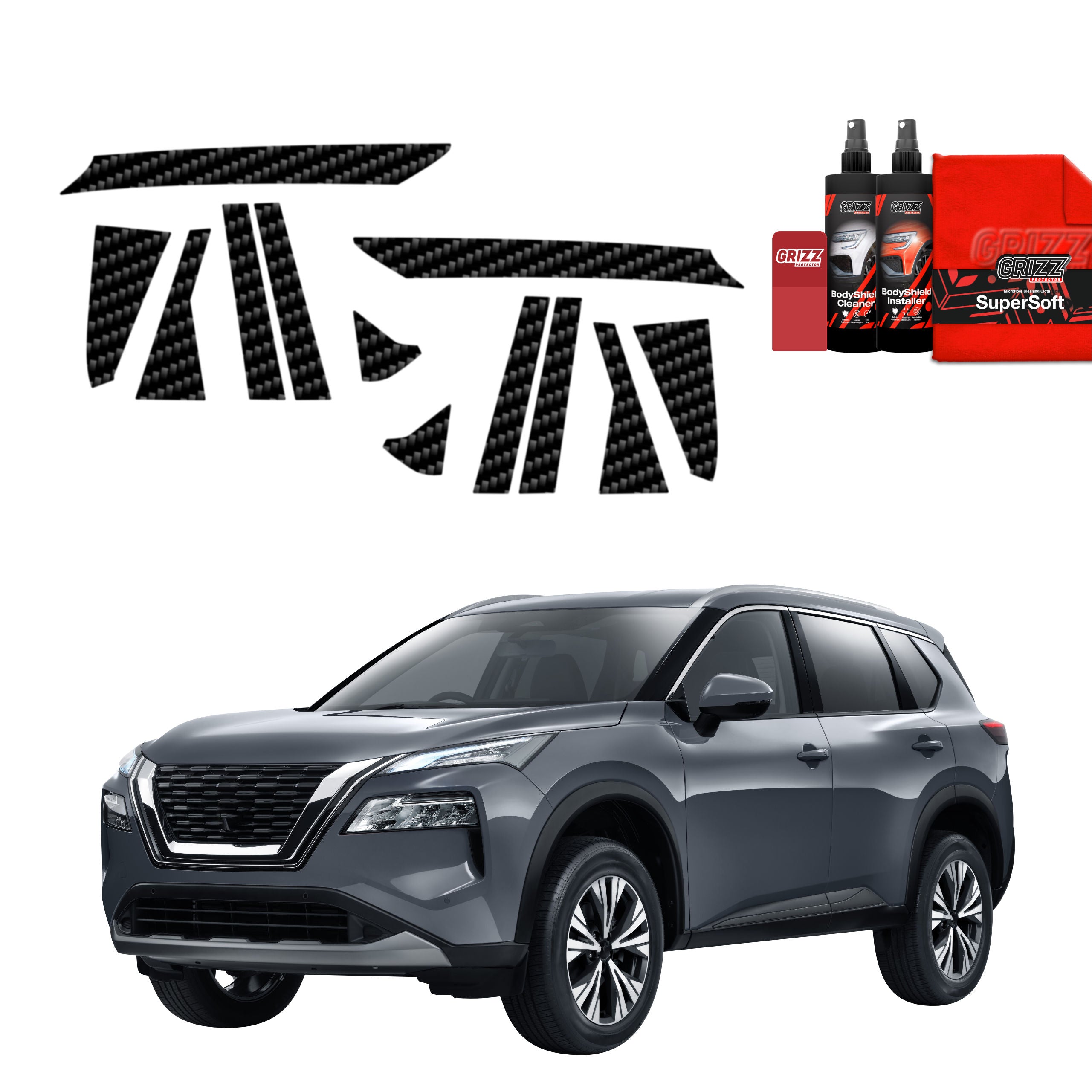 12in1 Kohlenstoff Schutzfolie Grizz Protector für A-B-C-Säule - Nissan X-Trail Facelift (2024-2026)