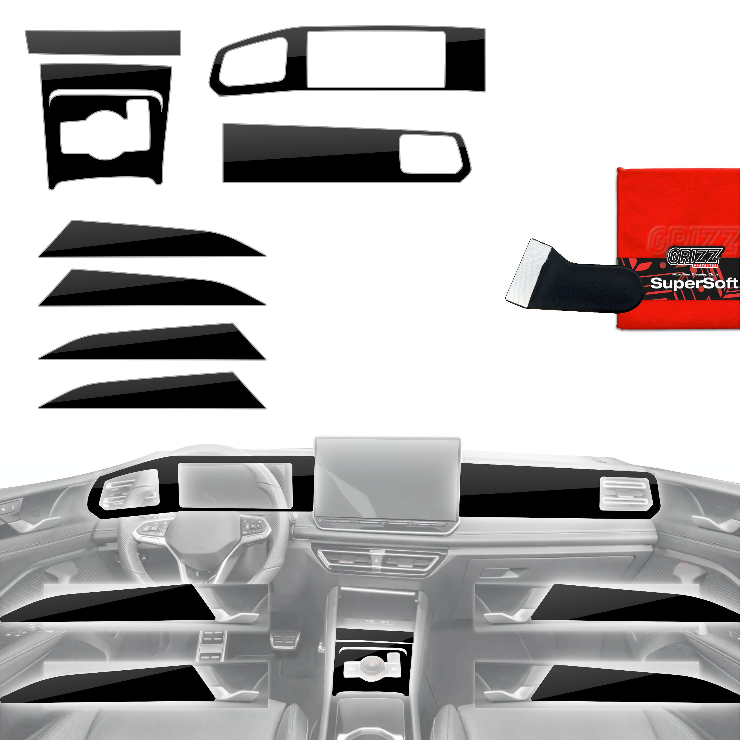 8in1 Schutzfolien Grizz Protector für Mittelkonsole & Armaturenbrett - Volkswagen Tiguan 3 (2024-2026) Schwarz Glanz