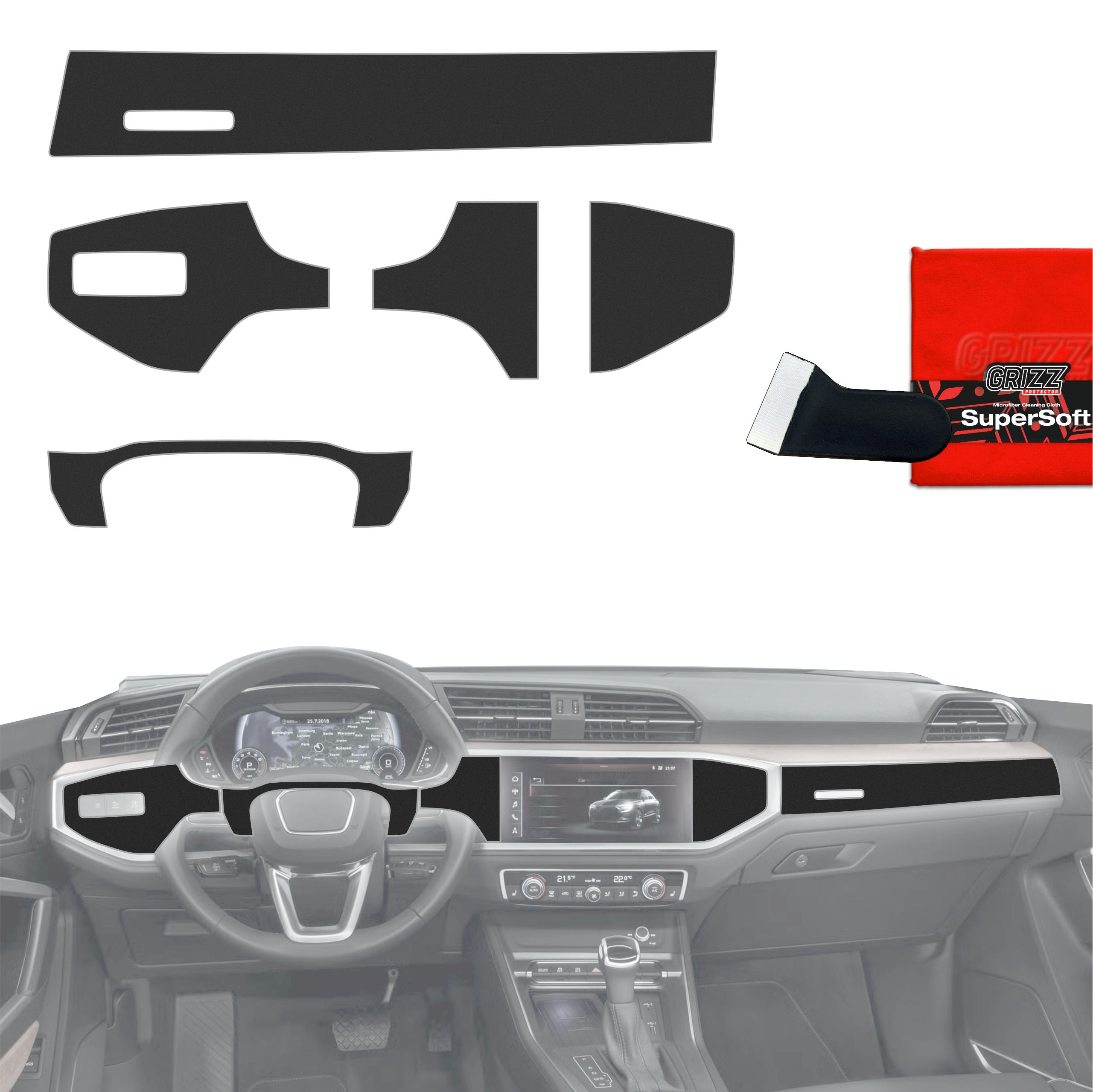 6in1 Schutzfolien Grizz Protector für Mittelkonsole & Armaturenbrett - Audi Q3 (2018-2025) Schwarz Matt Antifingerprint