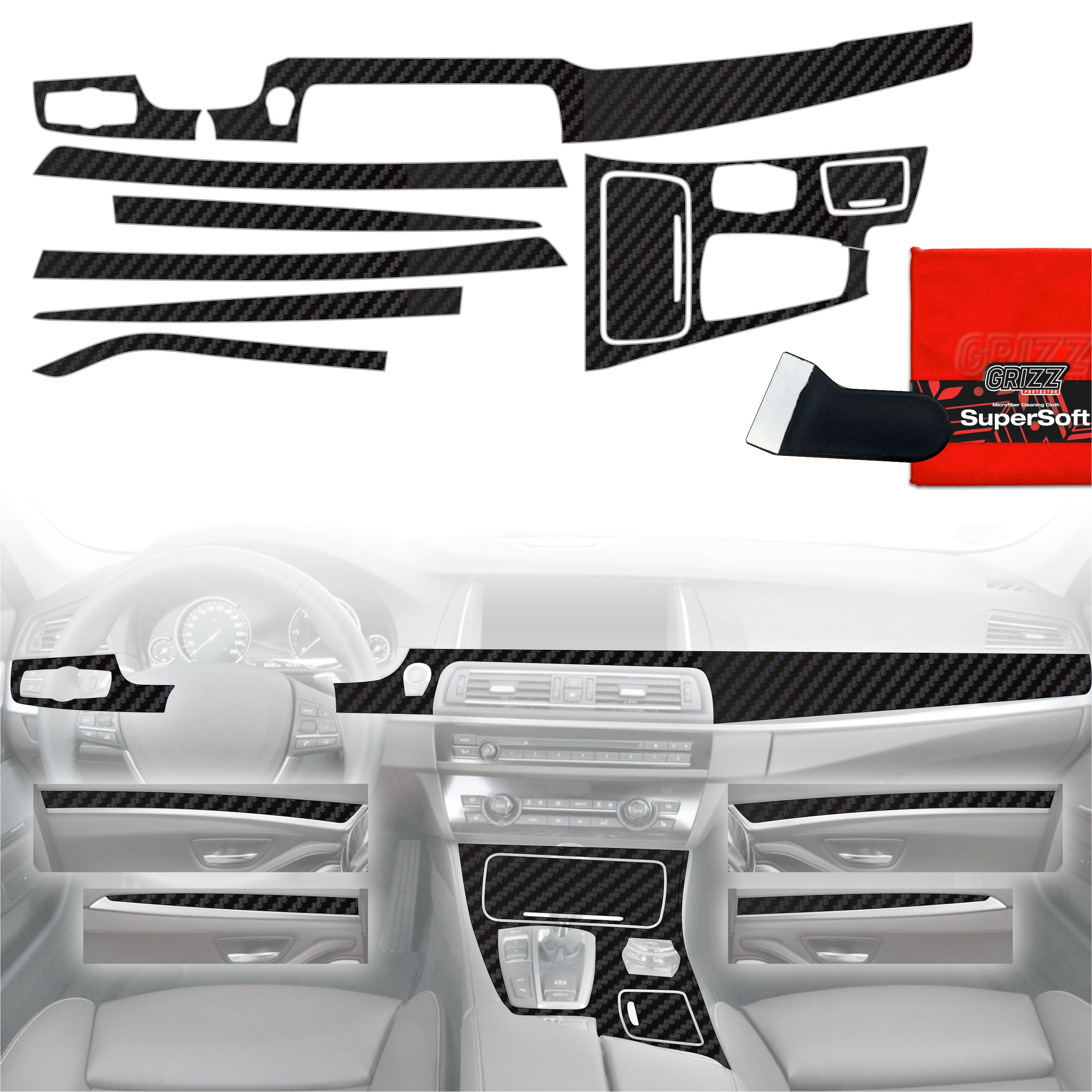 8in1 Schutzfolien Grizz Protector für Mittelkonsole & Armaturenbrett - BMW 5 F10 (2012-2017) Carbon Optik Matt Antifingerprint