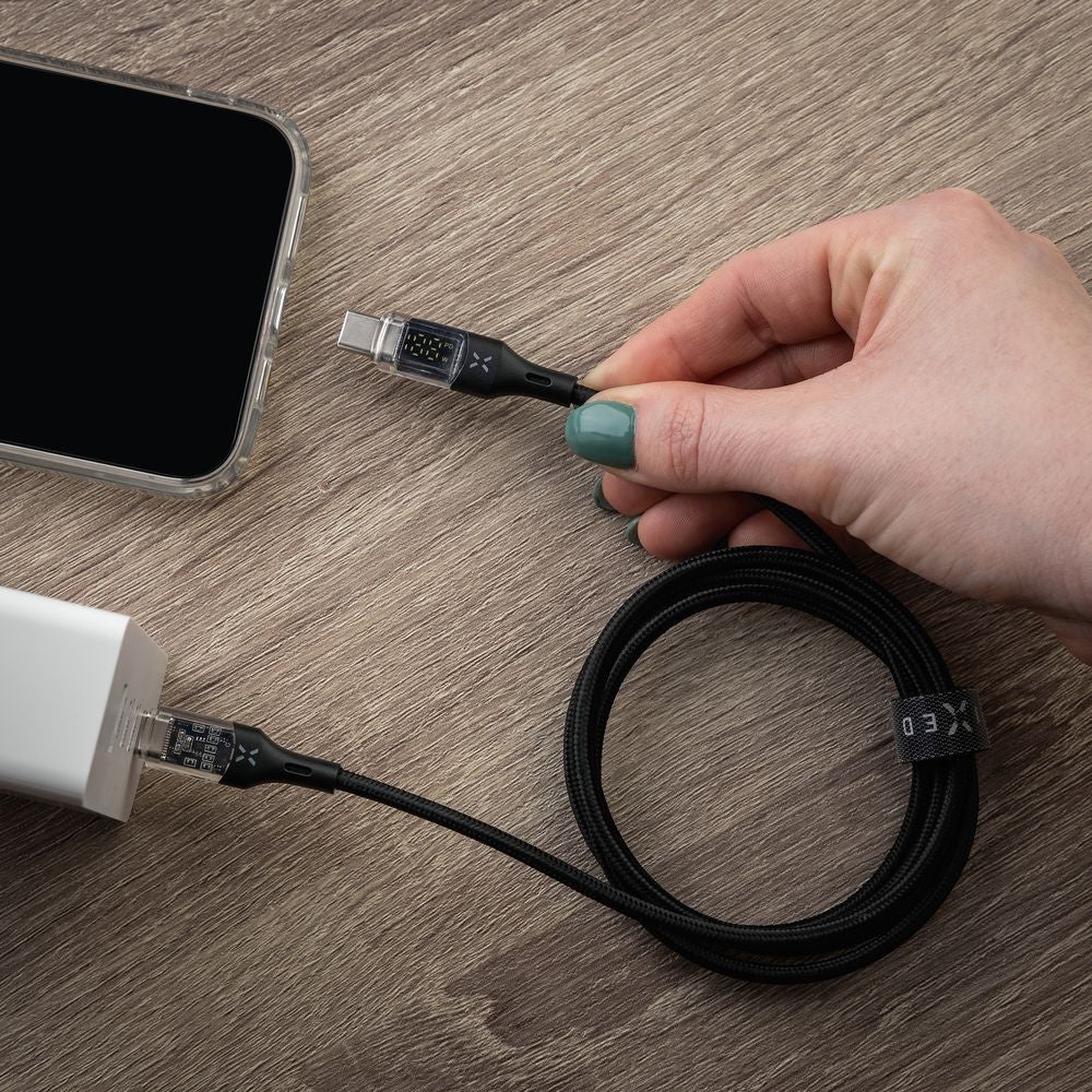 Kabel mit Display USB-C PD 3.0 100W 5A, Fixed Display, 2 m, Schwarz