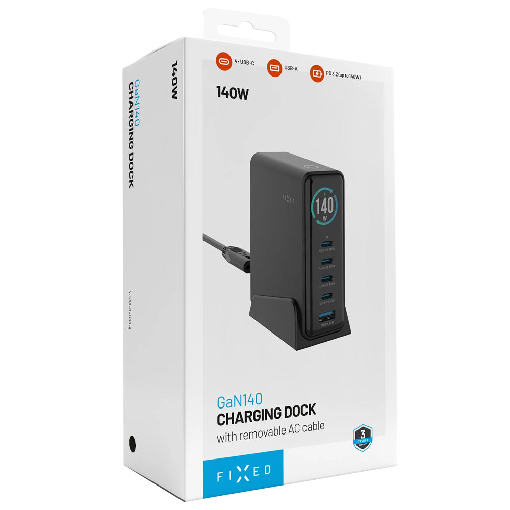 Ladegerät Fixed Charging Dock GaN 140W 4x USB-C, 1x USB-A, Schwarz