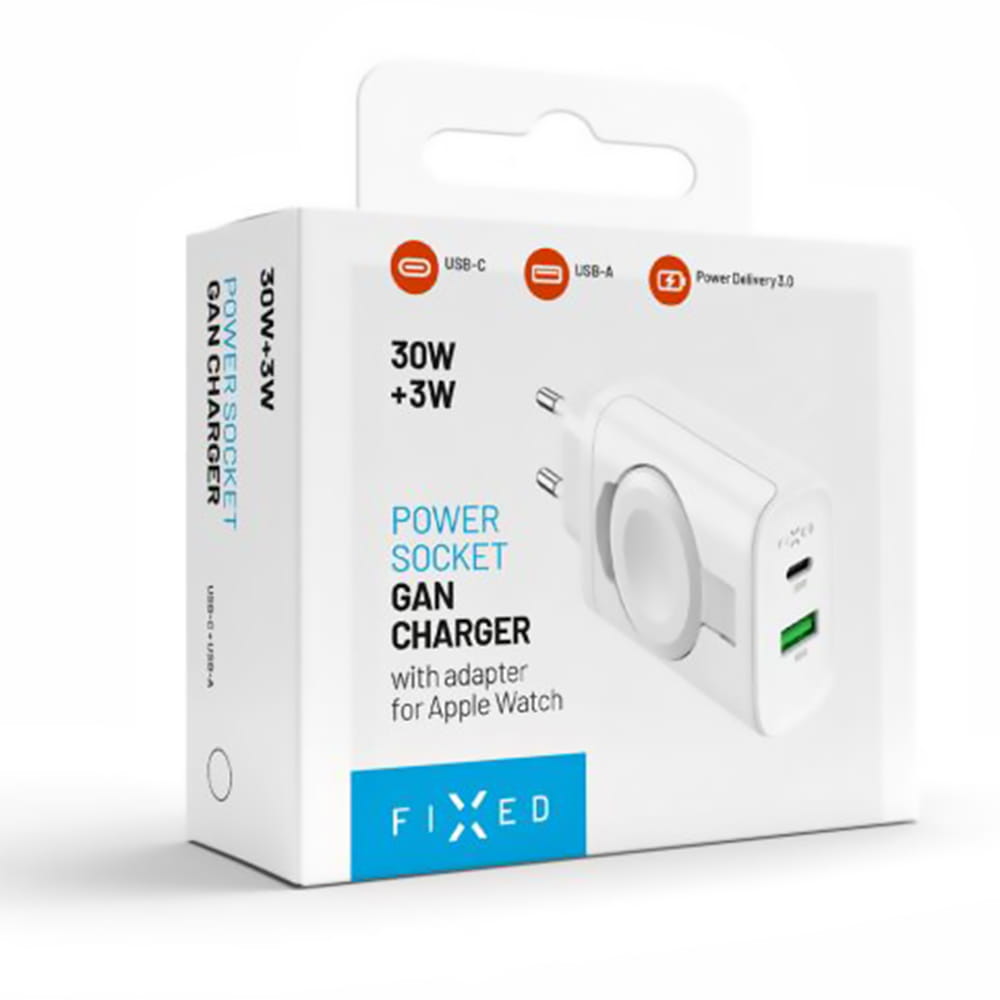 Ladegerät Fixed Power Socket USB-C / USB-A / Apple Watch 33W, Weiß