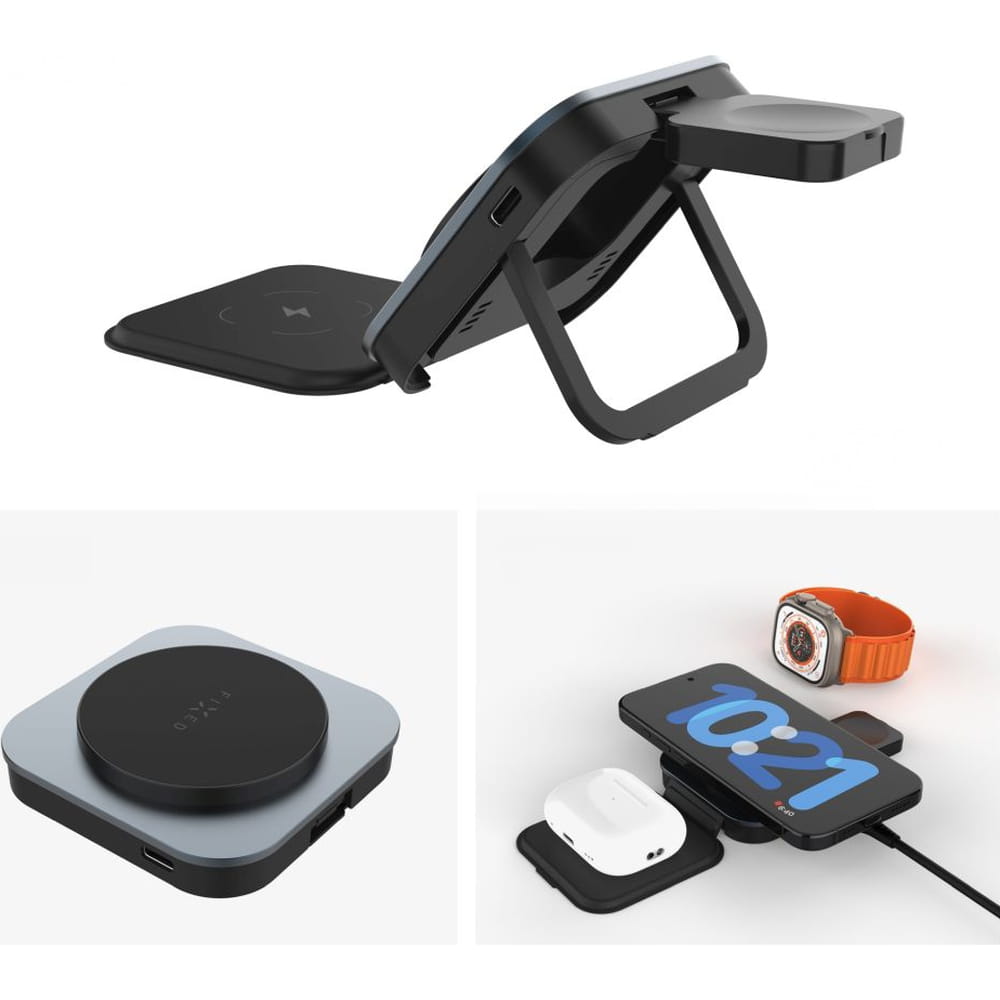 3-in-1 Fixed MagFlex Alu induktives Ladegerät, Qi, MagSafe, grau