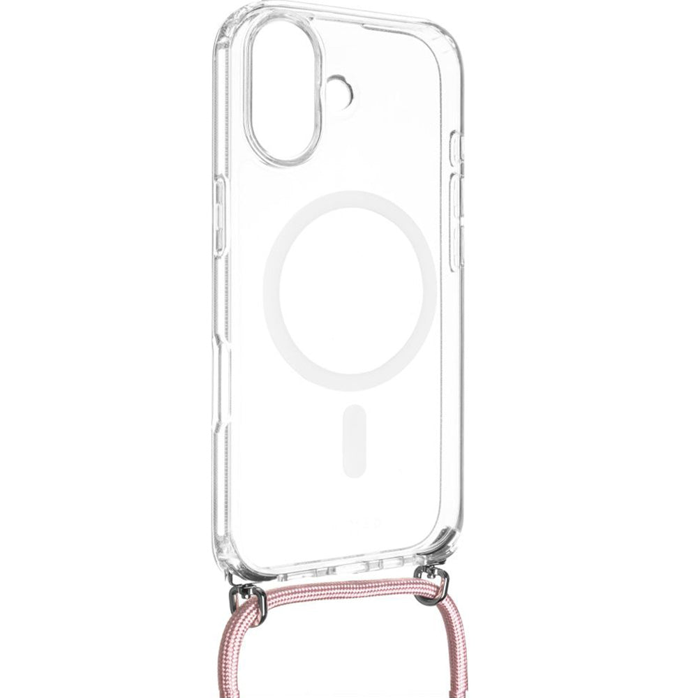 Handyhülle für iPhone 17, FIXED MagPure Neck mit MagSafe, Transparent mit Rosa Schlüsselband