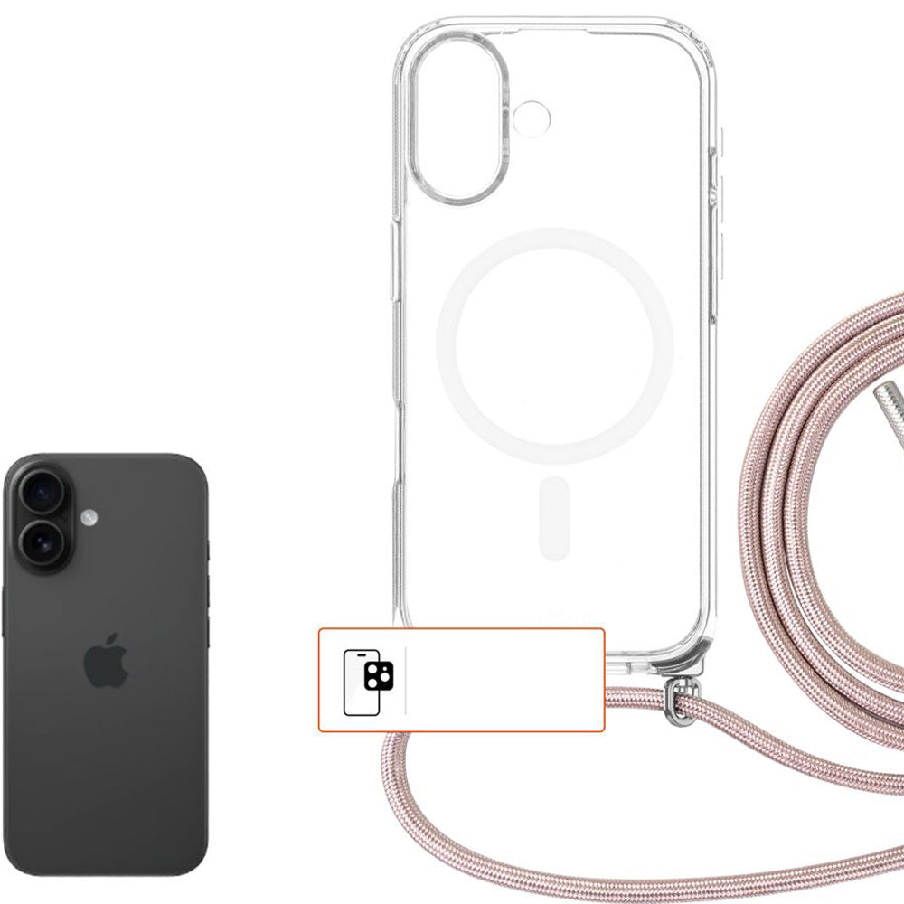 Handyhülle für iPhone 17, FIXED MagPure Neck mit MagSafe, Transparent mit Rosa Schlüsselband