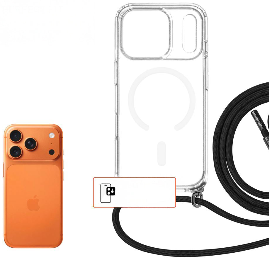 Handyhülle für iPhone 18 Pro / 17 Pro, Fixed MagPure Neck mit MagSafe, Transparent mit Schwarzen Schlüsselband