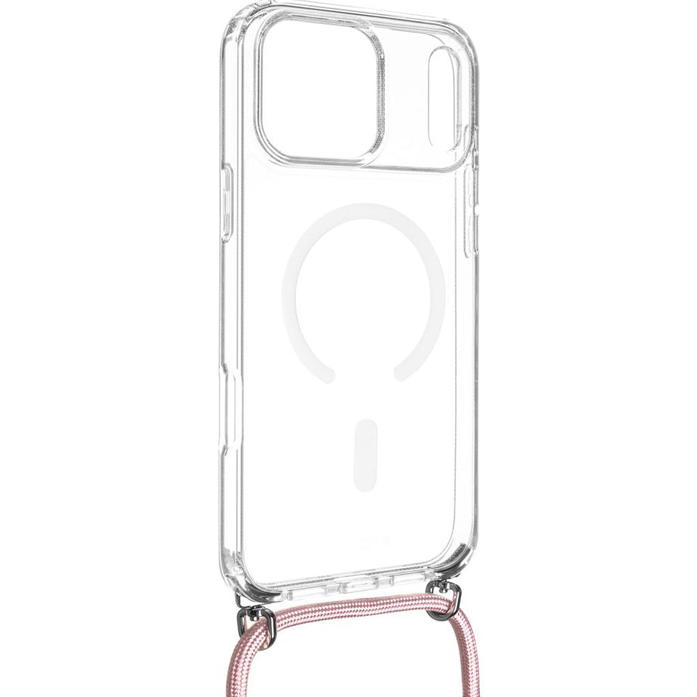 Handyhülle für iPhone 18 Pro Max / 17 Pro Max, FIXED MagPure Neck mit MagSafe, Transparent mit Rosa Schlüsselband