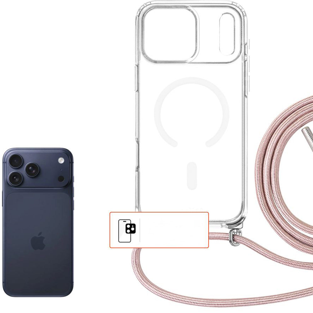 Handyhülle für iPhone 18 Pro Max / 17 Pro Max, FIXED MagPure Neck mit MagSafe, Transparent mit Rosa Schlüsselband