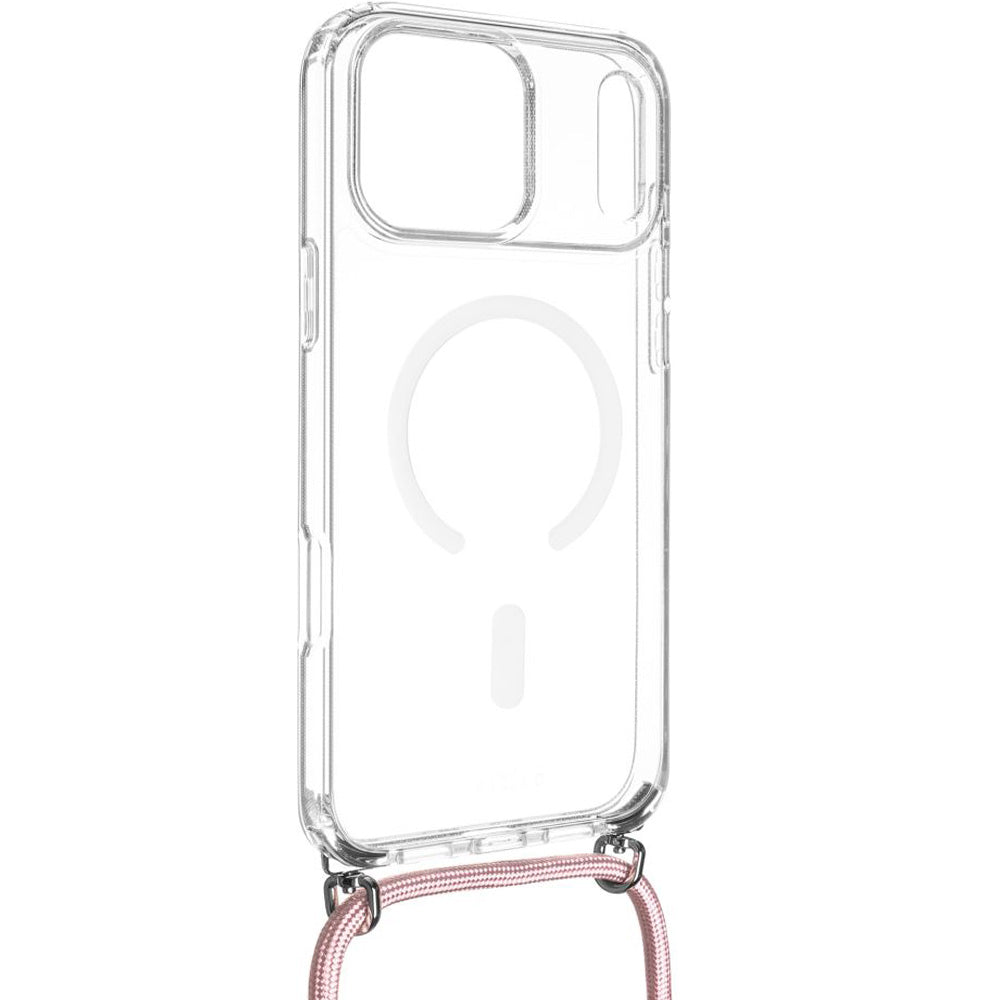 Handyhülle für iPhone 18 Pro / 17 Pro, FIXED MagPure Neck mit MagSafe, Transparent mit Rosa Schlüsselband