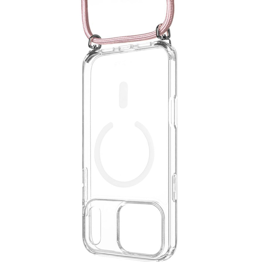 Handyhülle für iPhone 18 Pro / 17 Pro, FIXED MagPure Neck mit MagSafe, Transparent mit Rosa Schlüsselband