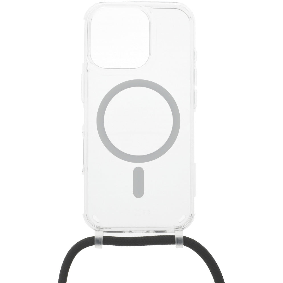 Handyhülle für iPhone 16 Pro Fixed MagPure Neck mit MagSafe, Transparent mit Schwarz Schlüsselband