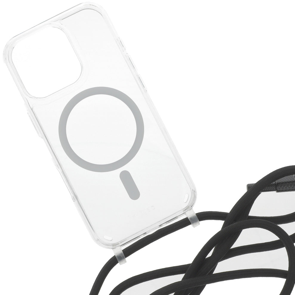Handyhülle für iPhone 16 Pro Fixed MagPure Neck mit MagSafe, Transparent mit Schwarz Schlüsselband