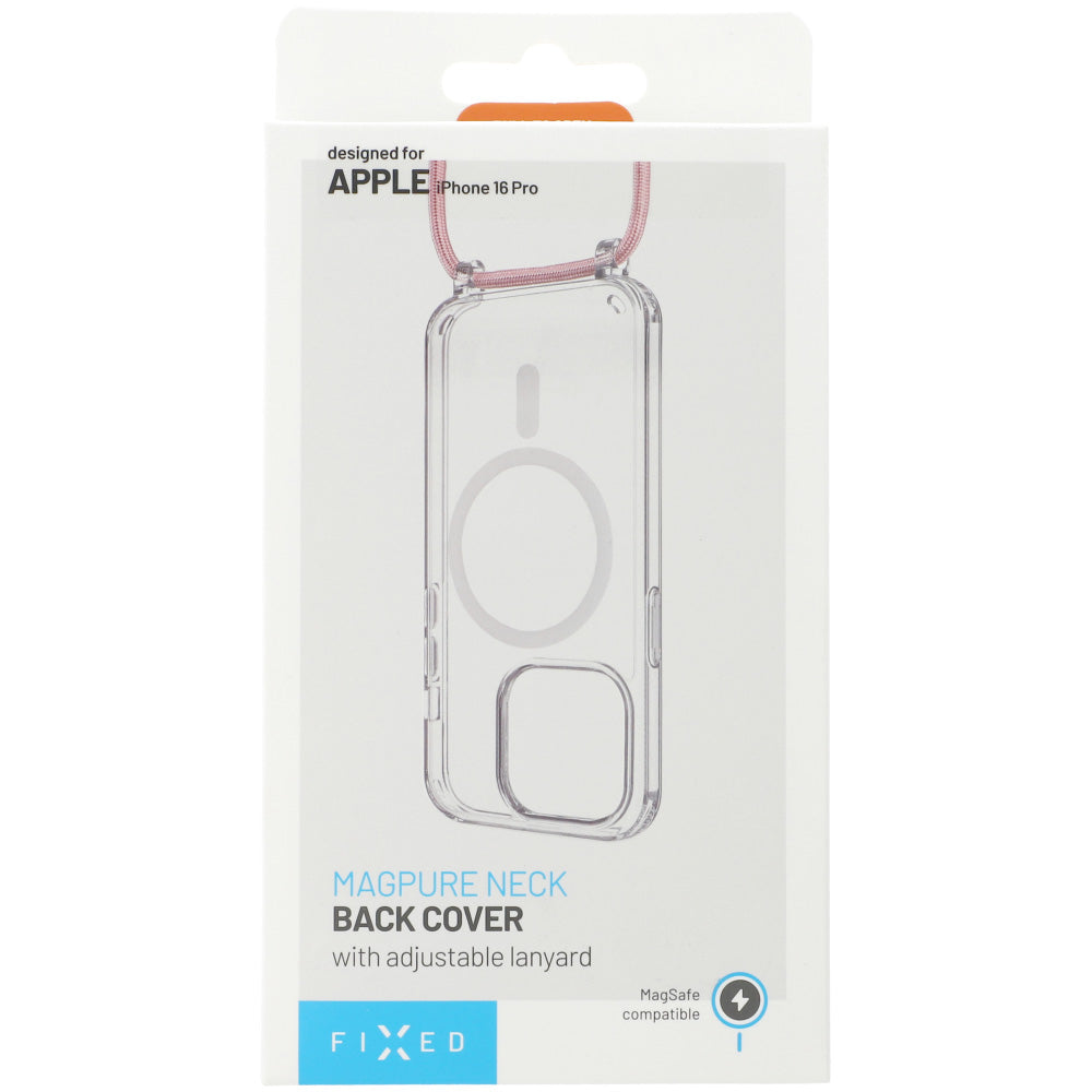 Handyhülle für iPhone 16 Pro Fixed MagPure Neck mit MagSafe, Transparent mit Rosa Schlüsselband