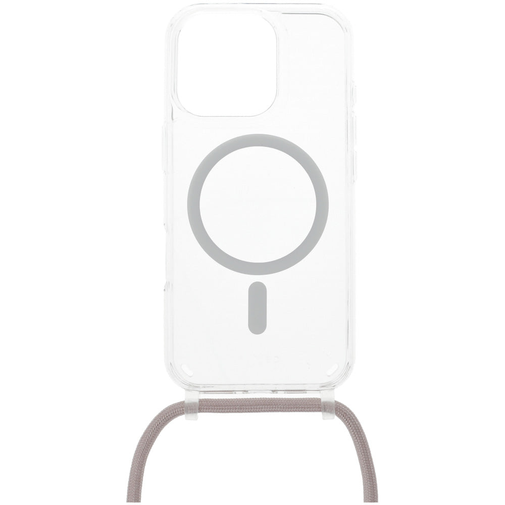 Handyhülle für iPhone 16 Pro Fixed MagPure Neck mit MagSafe, Transparent mit Rosa Schlüsselband
