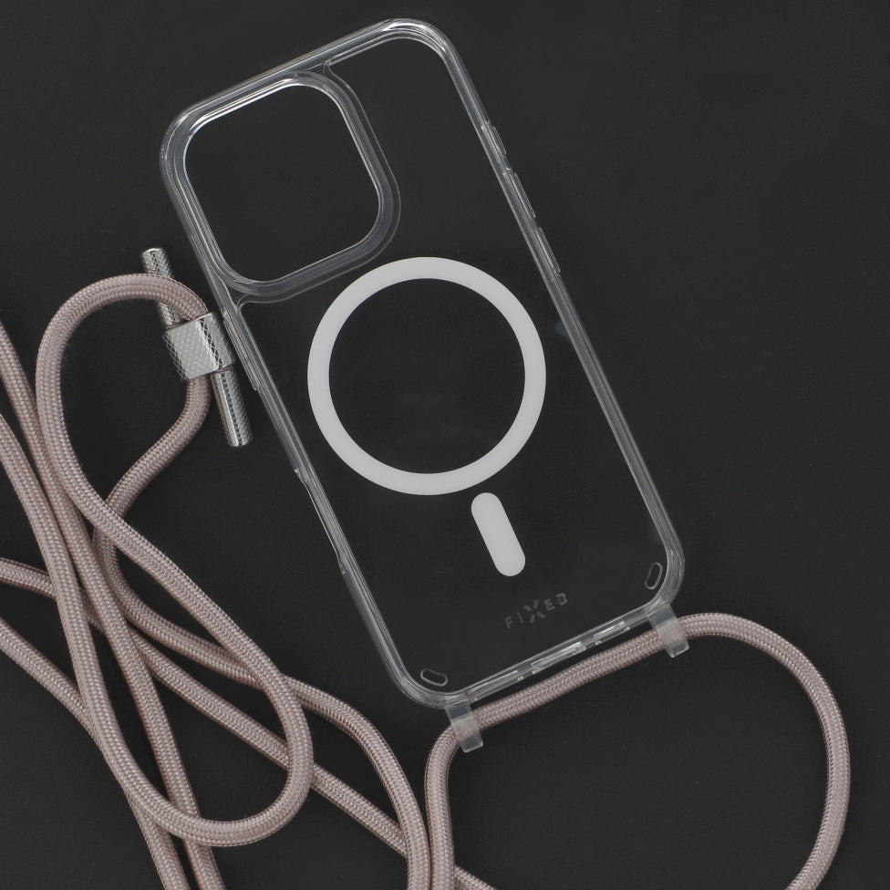 Handyhülle für iPhone 16 Pro Fixed MagPure Neck mit MagSafe, Transparent mit Rosa Schlüsselband