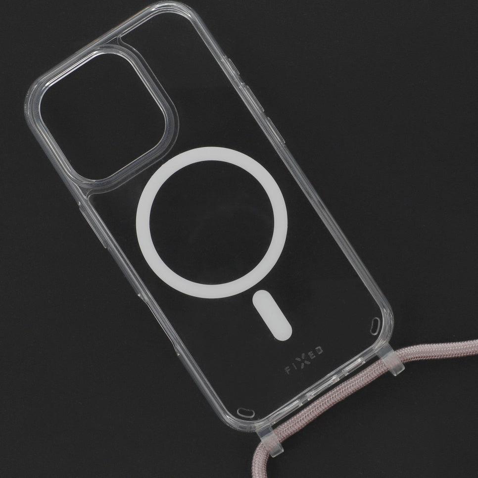 Handyhülle für iPhone 16 Pro Fixed MagPure Neck mit MagSafe, Transparent mit Rosa Schlüsselband