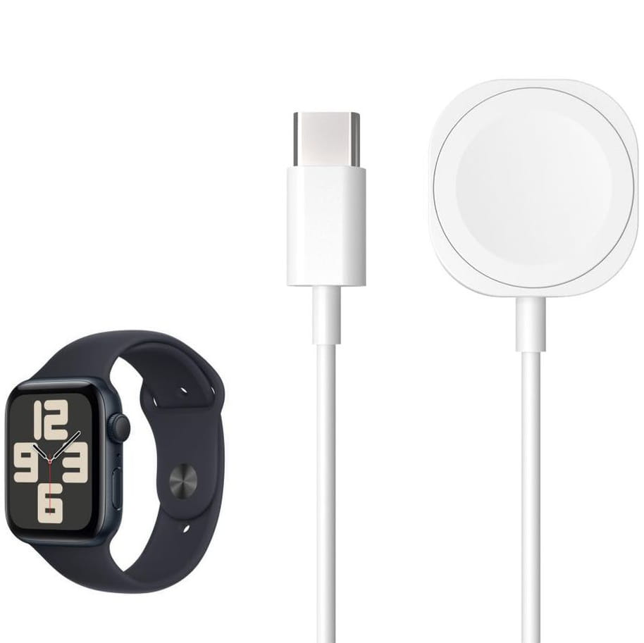 USB-C zu Apple Watch Ladekabel 1m, weiß, neben schwarzer Apple Watch. Kompatibel mit Apple Watch SE, Ultra. Schnell und sicher aufladen.