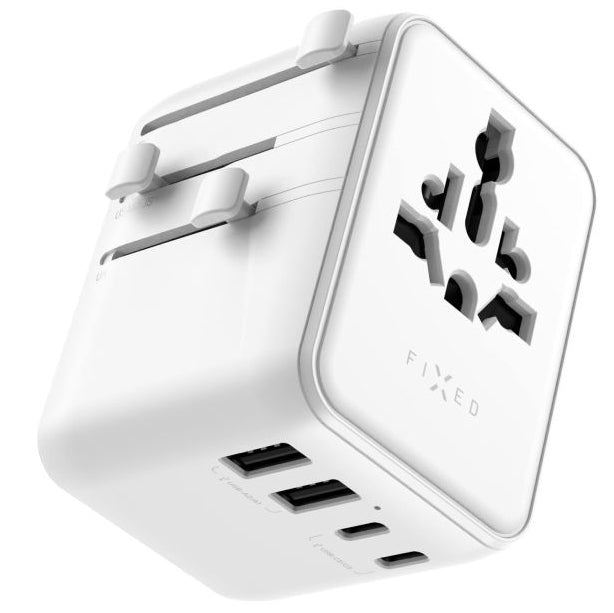 Reiseadapter / Steckeradapter Fixed Voyager 70 W für EU, UK, USA, AUS, 3x USB-C und 2x USB-A, GaN, PD 3.0, Weiß