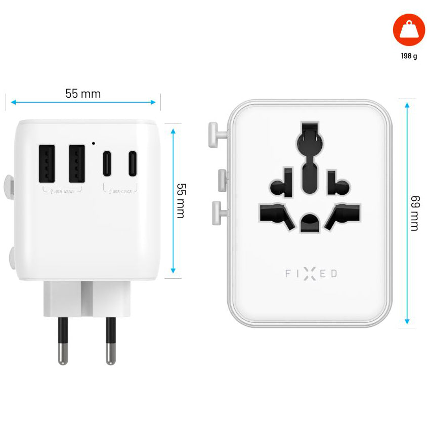 Reiseadapter / Steckeradapter Fixed Voyager 70 W für EU, UK, USA, AUS, 3x USB-C und 2x USB-A, GaN, PD 3.0, Weiß