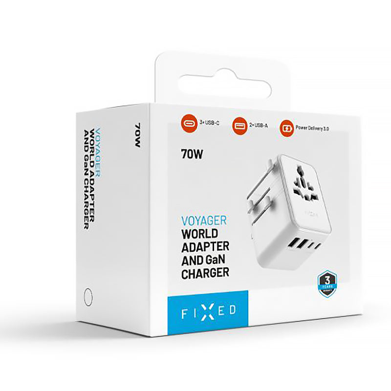 Reiseadapter / Steckeradapter Fixed Voyager 70 W für EU, UK, USA, AUS, 3x USB-C und 2x USB-A, GaN, PD 3.0, Weiß