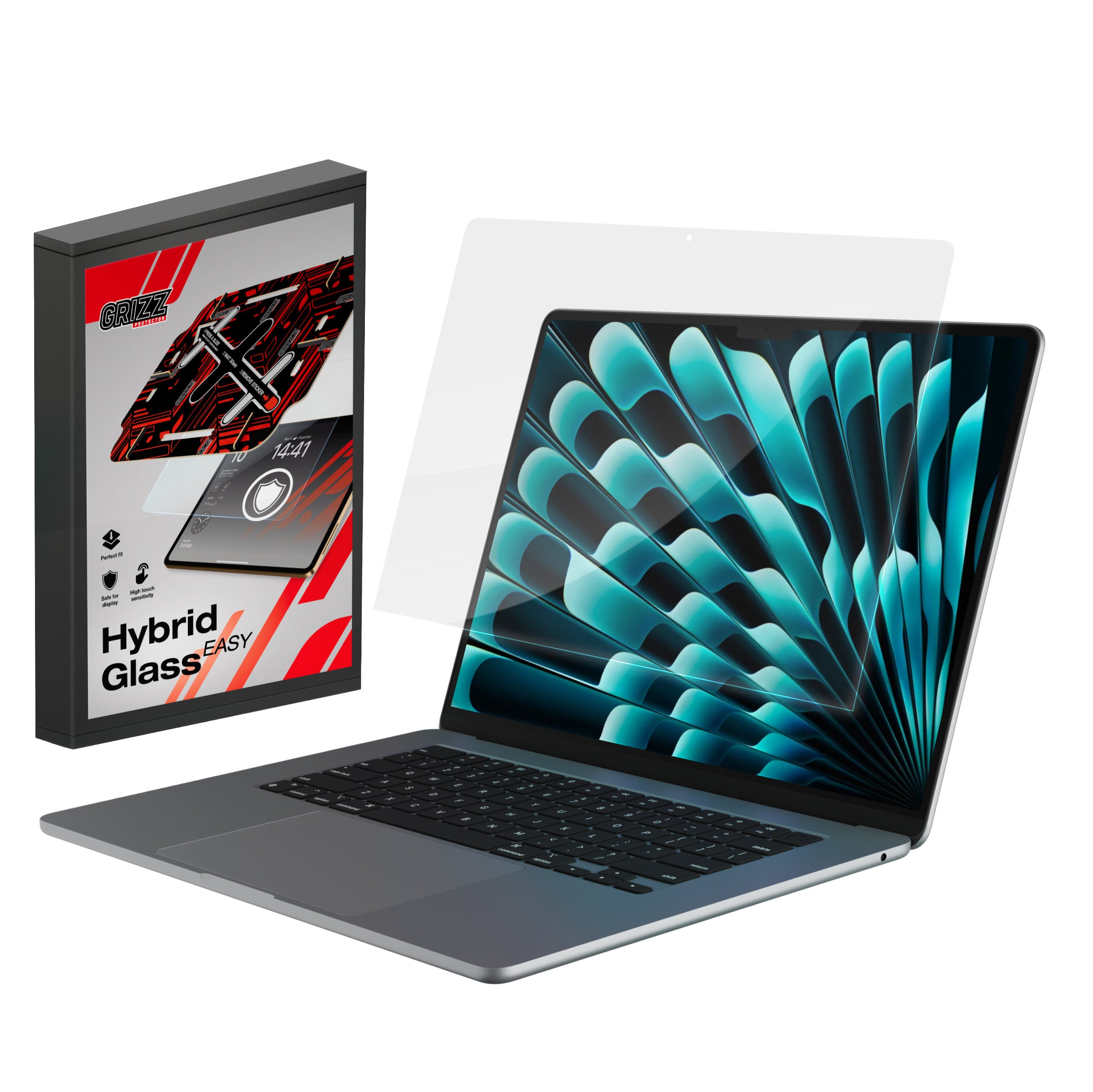 Bildschirmglas für MacBook Air 15" M5 2026, Grizz HybridGlass Easy mit App-Rahmen