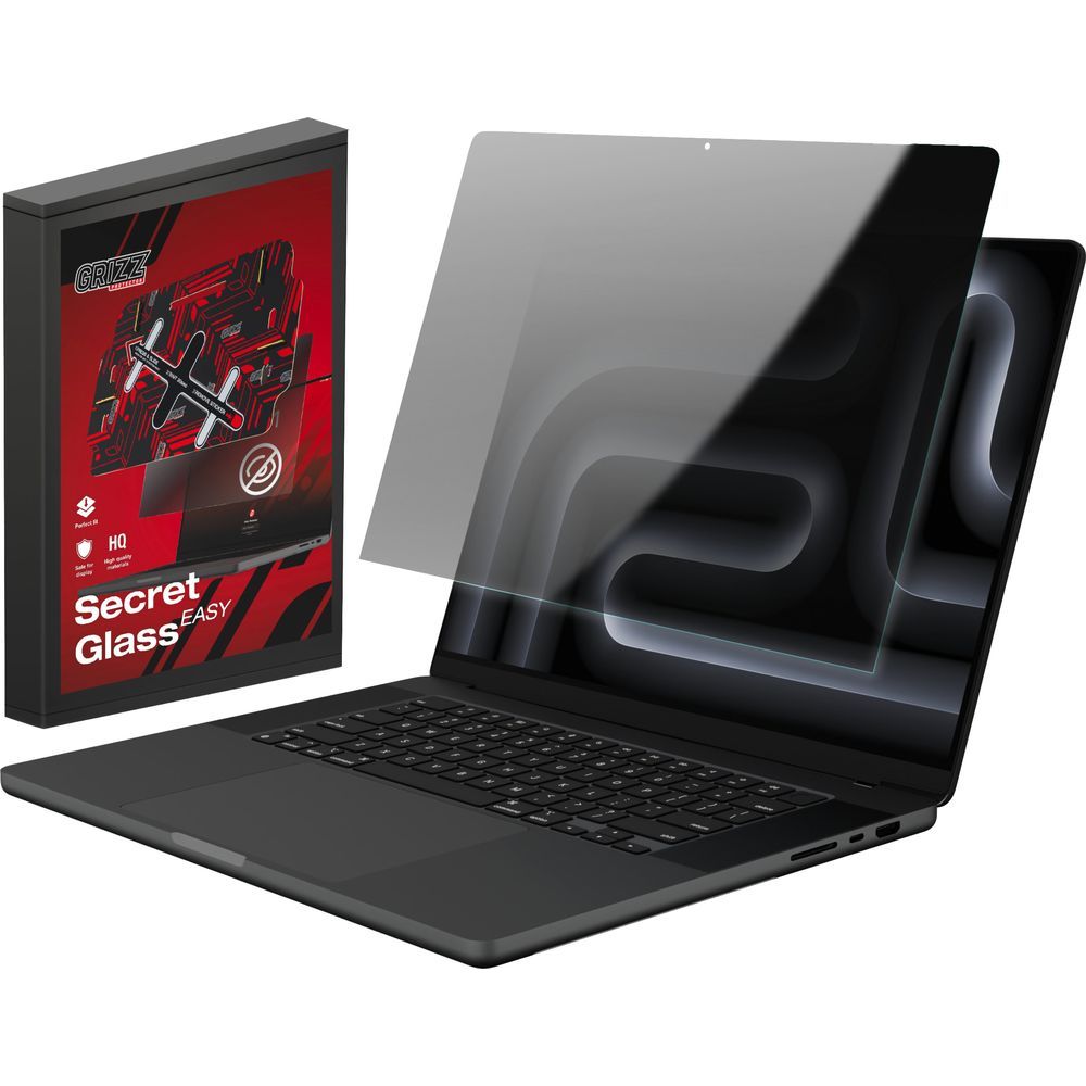 Hybrides Sichtschutzglas für MacBook Pro 16" M5 Max 2026, Grizz SecretGlass Easy mit Applikator, Matt
