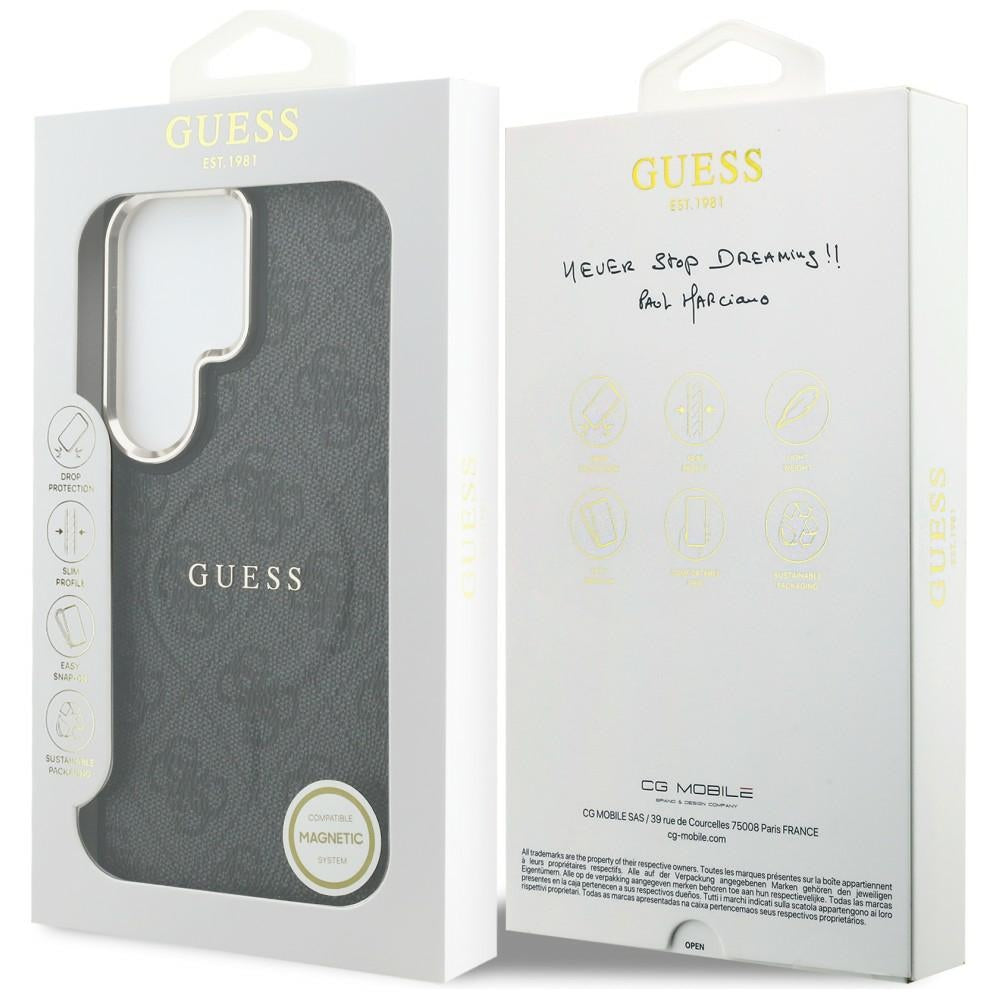 Handyhülle für Galaxy S26 Ultra, Guess Hardcase Leather Logo MagSafe, Schwarz mit Classic Logo Guess