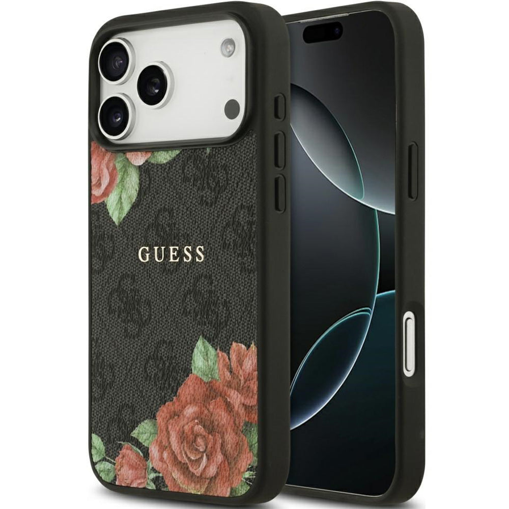 Handyhülle für iPhone 17 Pro, Guess Hardcase 4G Flowers Print mit MagSafe, Schwarz mit floralem Muster