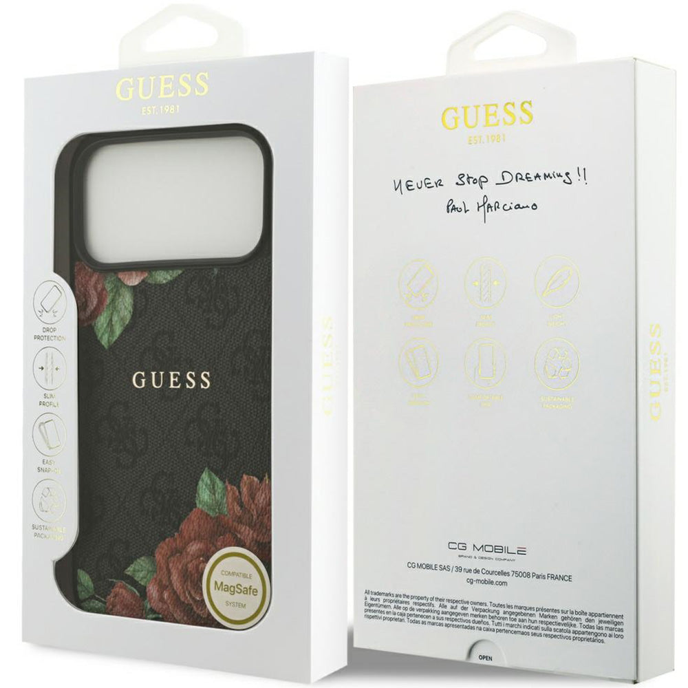 Handyhülle für iPhone 17 Pro, Guess Hardcase 4G Flowers Print mit MagSafe, Schwarz mit floralem Muster